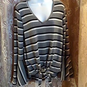 FSL Apparel Size L black white‎ stripe bell sleeve V neck Knotted tie waist top
